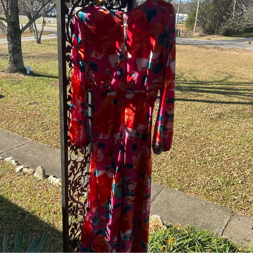En Creme Sophie Dress Floral Maxi Side Slit Long Sleeve S Small Vibrant - Picture 7 of 8